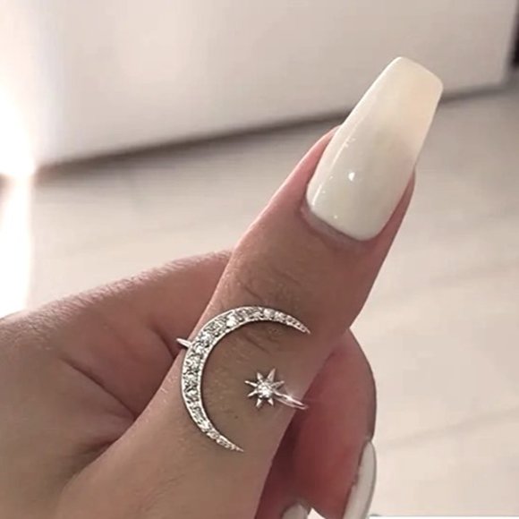 Ring Star & Moon Rhinestones Sparkle Silver Alloy Silver Hippie Earth Celeste - Picture 2 of 5